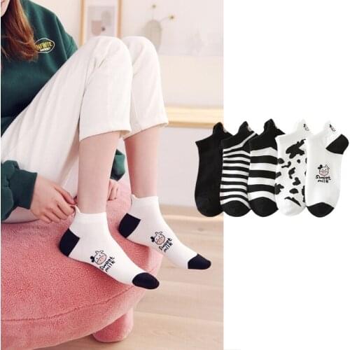 K3NF 5 Pairs Novelty Cartoon Cow Animal Print Low Cut Boat Socks Women Girls Black White Casual Summer Cotton Tab Back Ankle