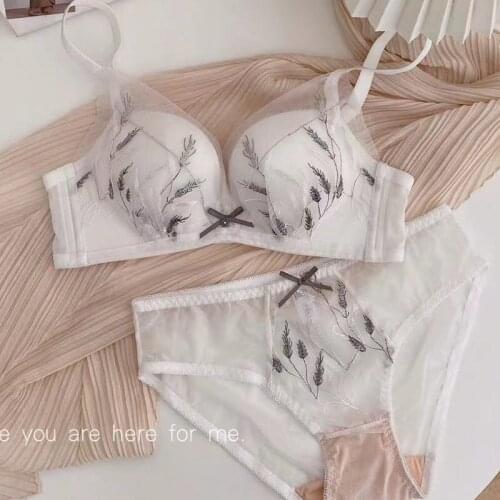 Wriufred Gathered thin girly underwear panties set wirefree women sexy lingerie adjustable lace bra top summer