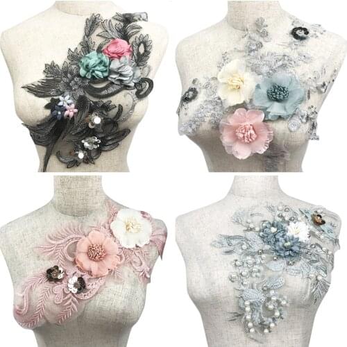 Black Flower Sequins Lace Fabric Appliques For Wedding Dress Embroidered Trims Collar Mesh Sew Patch DIY Decor Accessories
