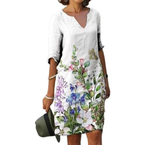 Summer Dress V-neck Loose Printing Vintage Casual Five-point Sleeve Dress for Travel Women Clothing White xxxl платье летнее