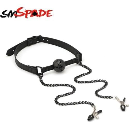Smspade Open Breathable Leather Play Mouth Ball Metal Clamps Chain for Men Woman Flirting Sex Games Adult Toys