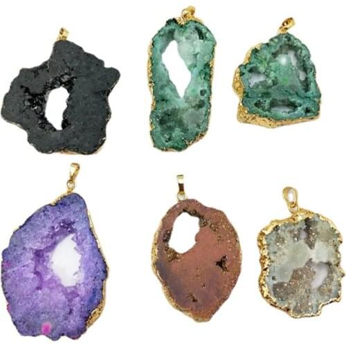HOT Sale Gold Plating Rainbow Natural Crystal Druzy Slice Pendant Bead Natural Sparkle Crystals Gems Charm Making Jewelry