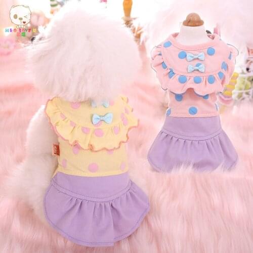 Small Dog Clothes Summer Dress Pet Clothing For Dogs And Cats Puppy Skirt 100% Cotton Dot Print Causal DressPink Yellow