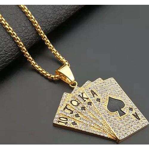 Hiphop Iced Out Playing Card Straight Flush Pendant With Stainless Steel Chain Mens Poker Necklace Golden Jewelry Dropshipping