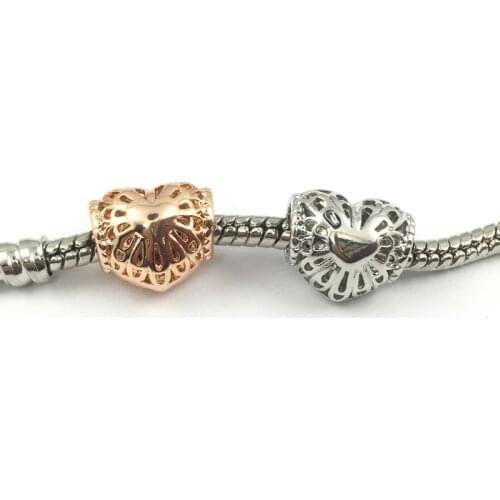 Rose Gold Color Hollow out Heart European Beads Fit Charm Bracelets Necklaces