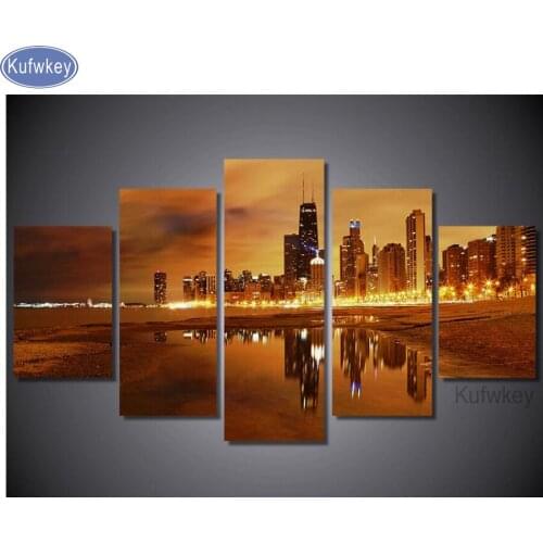 Diy Mosaic Diamond Painting Chicago,Cross Stitch Kits Night view 5d Diamond Embroidery full square Rhinestones 5pcs/set