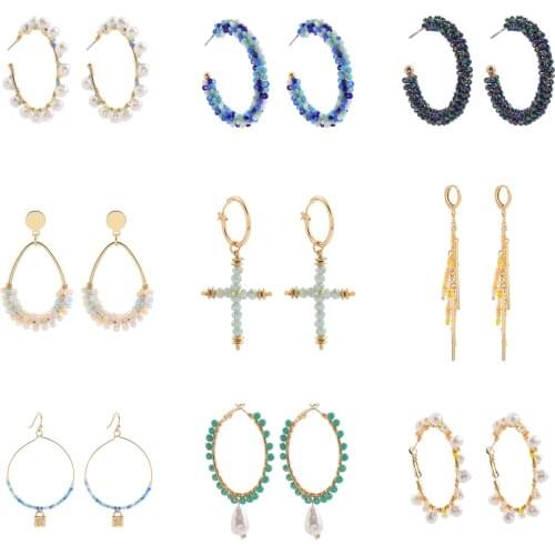 Bohemia Handmade Round Pearl Beads Hoop Earrings for Women Girls Vintage Boho Geometric Cross Earrings Statement Jewelry 2021