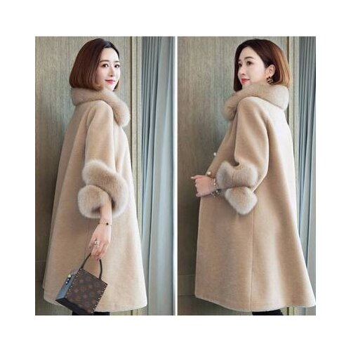 Autumn Luxury fake Fox Fur Collar Women Jacket Real Wool Fur Coats Long Warm Sheep Shearling Winter Coat Jacket