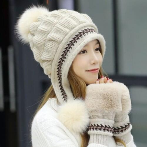 YULAN 001 Chunky Lady Thick Plush Knitted Beanie Cap Gloves Women Casual Pom pom Tail Earflap Bomber Hat Bonnet Gorros
