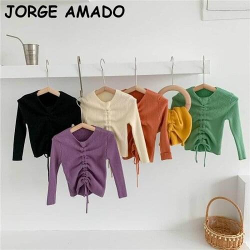 Girls Sweater Girl round collar drawstring Long Sleeve Sweater Fashion Knitted Cotton pullover Children Clothes E200301