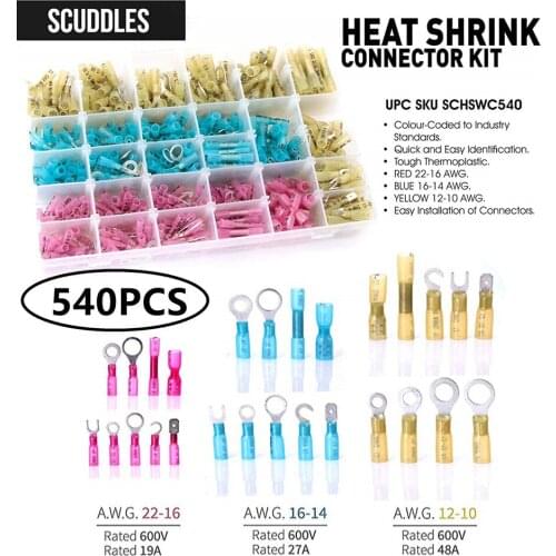 540X Ring Heat Shrink Crimp Terminals Insulated Butt Wire Connectors Male Female Spade Terminal Kit Electrical Cable Connector