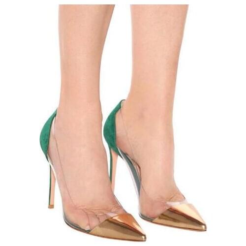 Dipsloot Sexy Woman Purple Red Patchwork Clear PVC Pointed Toe Pumps Female Stiletto Heels Shallow Slip On Party Dress Shoes