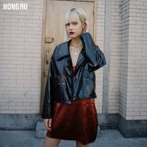 Spring locomotive double breasted Leather Jacket female glossy Patent leather outerwear Motorcycle PU Leather Jacket F1032