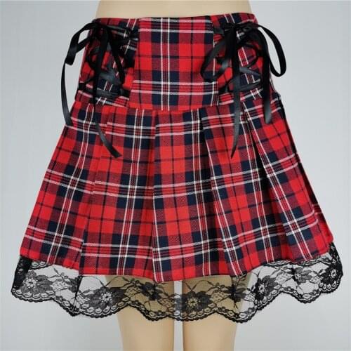 Lace Up Goth Y2K Woman Skirts Pink Stripe Plaid Lace Trim Pleated Skirt Punk Dark Academia Aesthetic E Girl Clothes Gothic Skirt