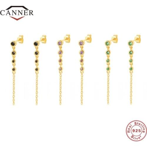 CANNER Exquisite Black Green Purple Zircon Chain Earring 925 Sterling Silver Stud Earrings for Women Piercing Earings Jewelry