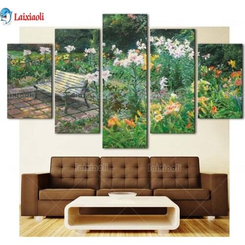 Diamond embroidery flower garden chair, 5 d diamond painting full drill crystal 3d puzzle mosaic green view cross stitch 5 piece