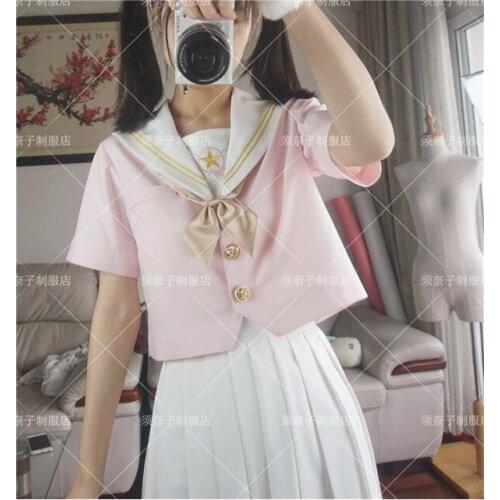 Anime Card Captor Sakura Symbol Embroidery Japanese Girls School Uniform JK Set: Sailor Collar T-shirt + Mini Pleated Skirt