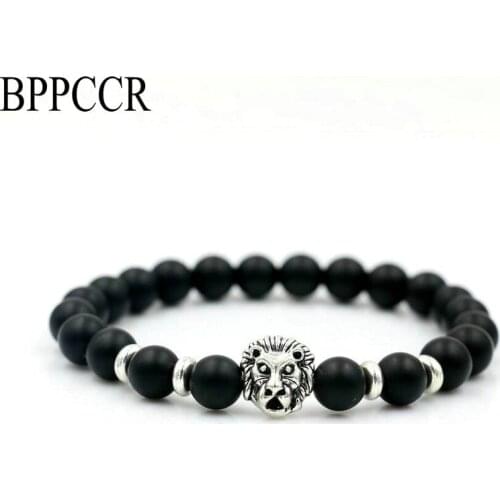 BPPCCR Natural Onyx Stone Marble Leo Lion Head Strand Charm Bracelet Men Women Couples Lovers Pulseras Masculino Mujer Gifts
