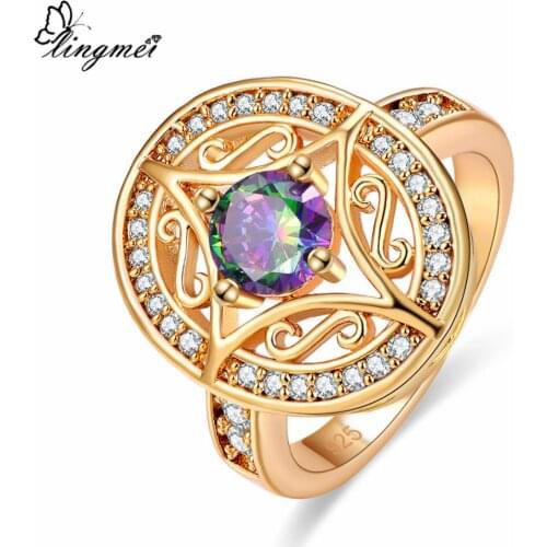 Lingmei New Design Hot Sell MultiGreen White CZ GoldRing Size 6-9 Luxury Elegant Enangement Women Jewelry