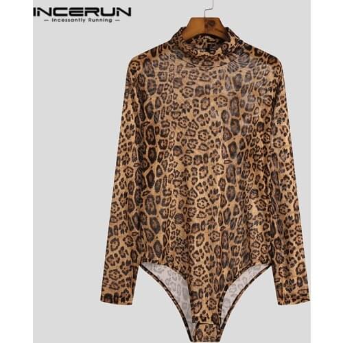 INCERUN Fashion Leopard Printed Bodysuit T-Shirts Men Long Sleeve Turtleneck Tops Man Casual Mesh Romper Blouse Streetwear 5XL 7