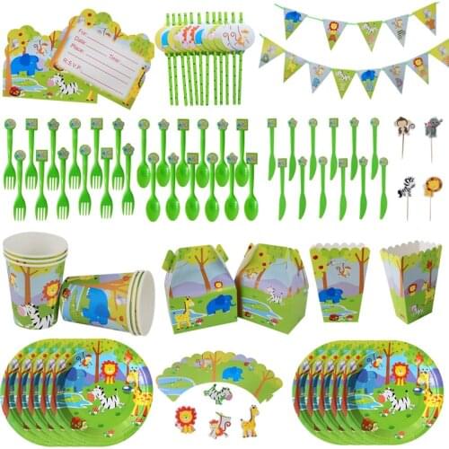 Jungle Animal Party Monkey Lion Theme Disposable Tableware Set Plates Cup Napkins Baby Shower Birthday Party Decoration Supplies