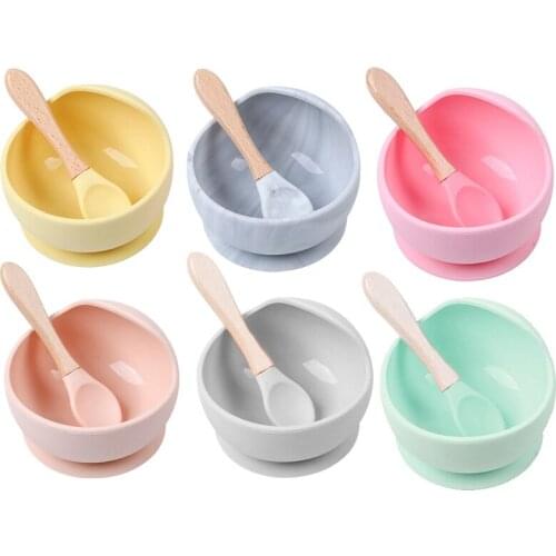 2Pcs Baby Silicone Bowl Set Solid Anti-drop Complementary Food Spoon and Bow Food Grade Childs Tableware