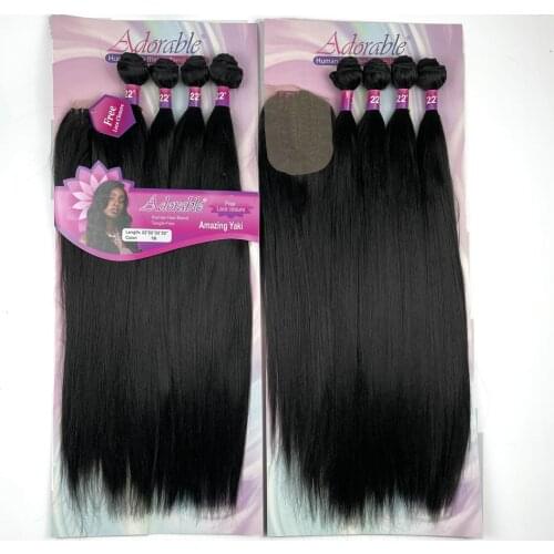 Adorable Synthetic Hair Bundles Longer Straight Free Machine Made 4*4 Lace Closure 22Inch For Black Women Amazing Yaki Wave 4pcs