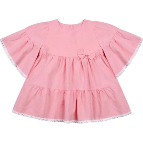 2021Baby Girls Solid Ruffled Dress Half Flared Sleeve Round Neck Back Button Closure Princess Dresses with Lovely Bow Decoration