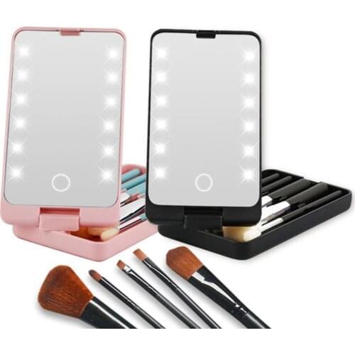 Portable Mini LED Makeup Mirror Touch Screen Rotatable Cosmetics Brushes Storage Box 12 Lights Folding Adjustable Vanity Mirror