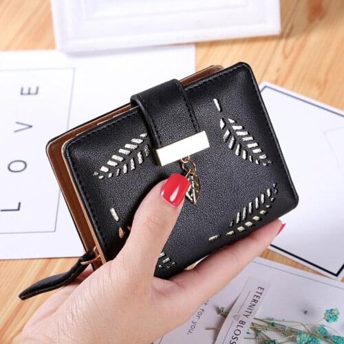 Simple Women Wallet Female Short Wallets Hollow Leave Pouch Handbag for Women Coin PU Leather Purses Card Holder 2021 New