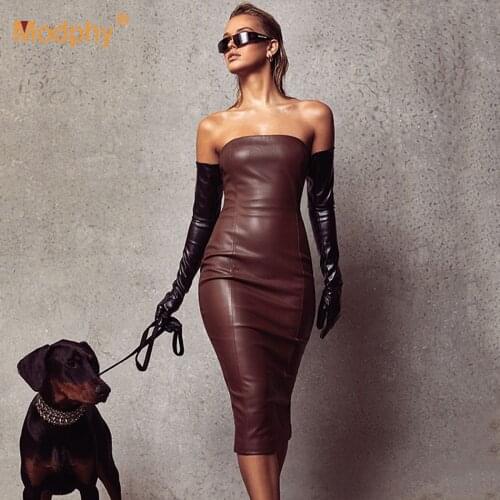 Pu Faux Leather Women Midi Party Dress Women Backless Sexy Hot Clubwear Skinny Slim Solid Fashion Elegant Bodycon Dresses 2021