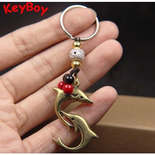 Retro Brass Love Symbol Dolphins Men Women Car Key Chains Pendants Jewelry Fashion Cute Animal Figurines Keyrings Lanyard Charms