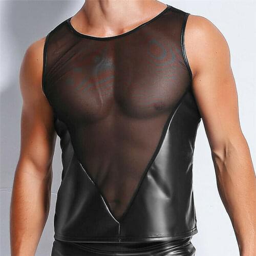 Sexy Men Tops Mesh PU Leather Transparent Lingerie Clubwear Fitness Tanks Top Male Fetish Gay Erotica Undershirts Plus Size XXL