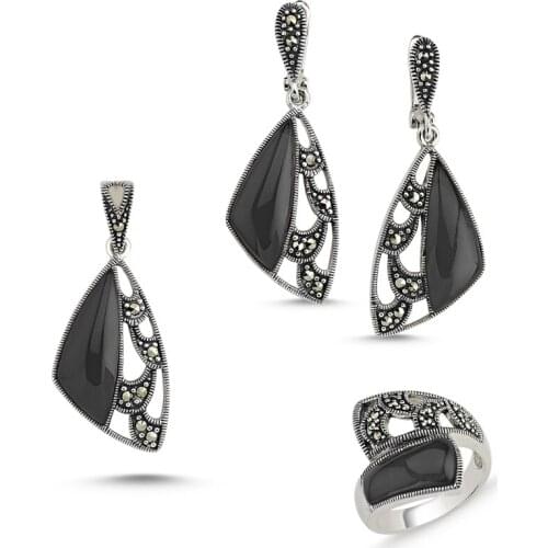 Silver 925 Sterling Marcasite Pendant Earring & Ring Set