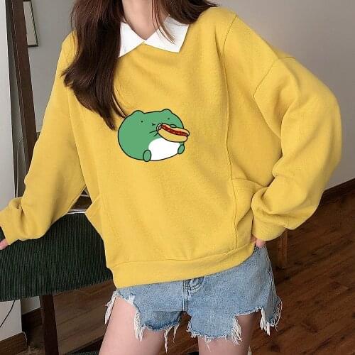 Cute Funny Frog Hoodie for Women Cotton All-match Green Sweatshirt with Pocket Casual Pullover Hoodies for Girls Kawaii Clothes