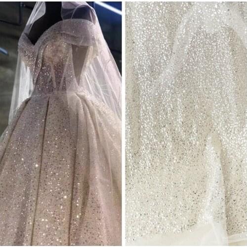 Bridal dress beaded fabrics bugles and sequinces heavy beaded tulle fabrics DIY wedding dress shining fabric