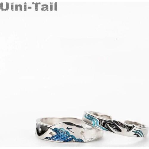 Uini-Tail Hot Sale New 925 Sterling Silver Bird and Fish Couple Opening Ring Fashion Sweet Romantic Waves High Quality ED829