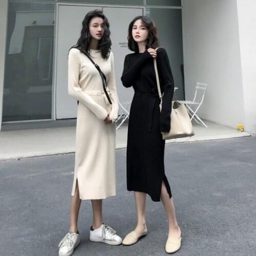 Spring Autumn Dress for Women Korean Vintage Sweater Dress 2020 Knit Ladies Dresses Black Maxi Casual Dress Vestidos MY2275