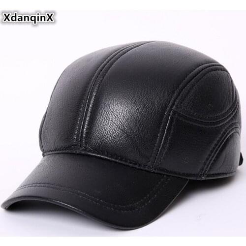 XdanqinX Genuine Leather Cap Autumn Winter Mens Sheepskin Leather Baseball Caps Adjustable Size Men Brands Leather Earmuffs Hat