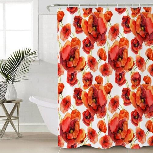 Red Flower Plant Watercolor Painting Shower Curtain Bathroom Decorative Waterproof Polyester Fabric Curtain for Bathroom