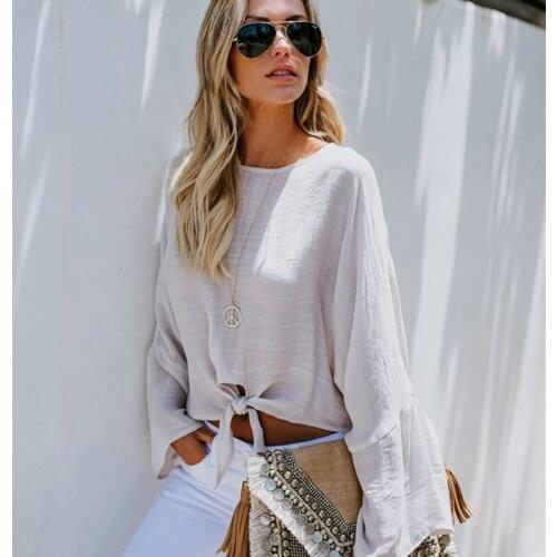 Women Knotted Solid T-shirt Pullover Top Long Sleeve O-Neck Girl Lace-up Loose Long Sleeve Lady Tops Tee 2020 New