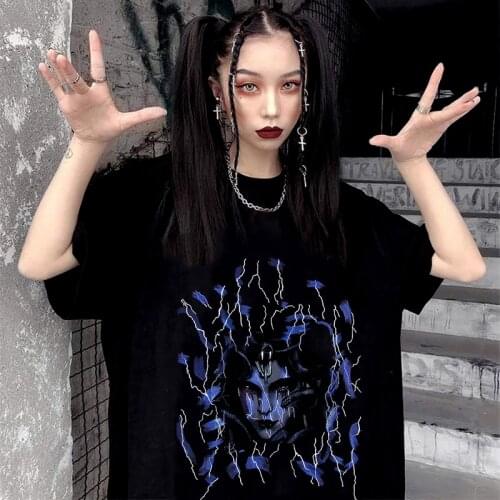 Women T-Shirt Loose Korea Styles Harajuku Punk Goth Anime Print Short Sleeve Plus Size Top Dropshipping Y2K Cotton Black Clothes
