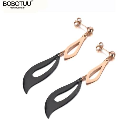 BOBOTUU Trendy Bohemia Titanium Stainless Steel Geometric Tassel Drop Earrings For Women Black/Rose Gold Dangle Earrings BE19200