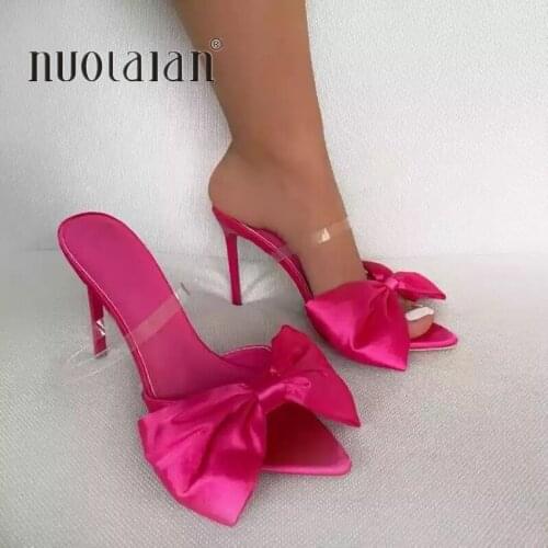 2021 Summer Women Pumps Sweet Butterfly-knot Mules High Heels Slippers Sandals Sexy Pointed Toe Slides Party Shoes Woman