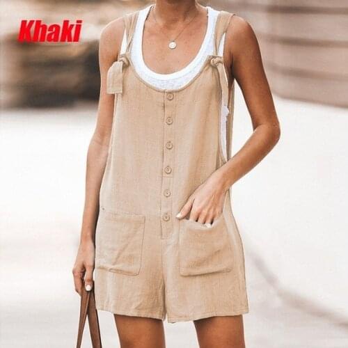 Girls Khaki Playsuit Cotton Linen Women Playsuit Loose Sexy Backless Rompers Plus Size Summer Wear Short Female Jumpsuit Vintage