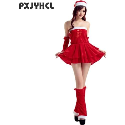 Women Cosplay Christmas Costume New Year Dance Sexy Short Red Dress Set Adult Strapless Santa Claus Uniform Female Fancy Wear