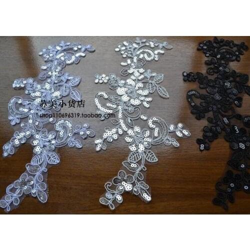 5 Pairs 26*13cm Sewing Supplies Embroidered Sequin Lace Fabric Patch High Quality White Black Red Lace Applique Wholesale