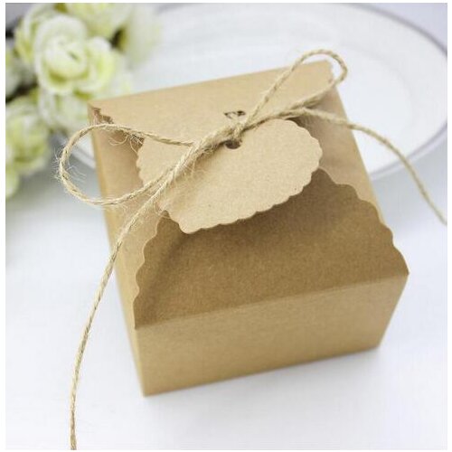 9x9x6cm Square Kraft Paper Wedding Candy Boxes Vintage Rustic Jute Ribbon Sweet Holder Cards Birthday Party Gift Favor Box