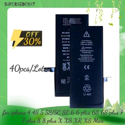 40pcs Batterie for iphone 6 s Bateria for iphone 5 se 2016 7 Replacement The Battery for the iphone 5s 4 4s 5c 6s 8 plus x xr xs