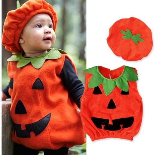 Toddler Kids Halloween Pumpkin 2 Piece Set Costume Tops+Hat Infant Baby Child Sleeveless Shirt For Boys Girls 1-3T Autumn Winter